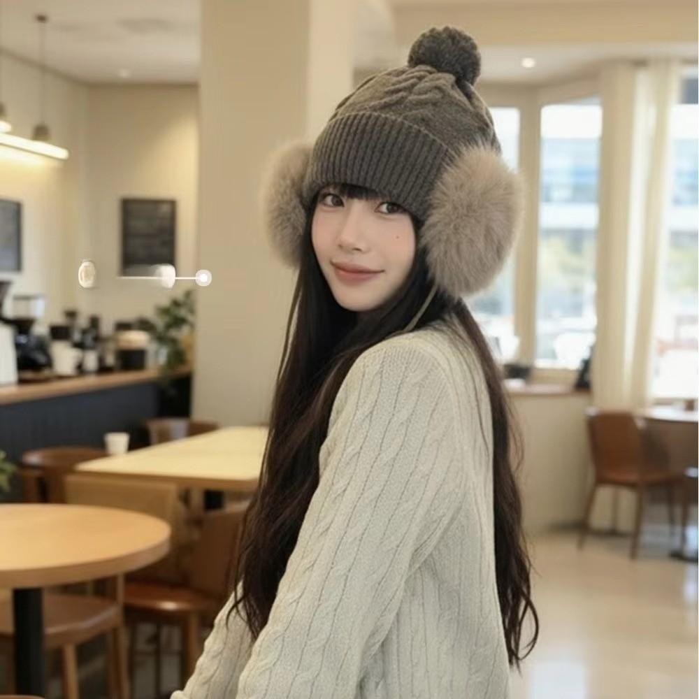 Large Head Circumference Knitted Trapper Hat Plush Wool Cap Pompom Beanie with Earflap  Girls