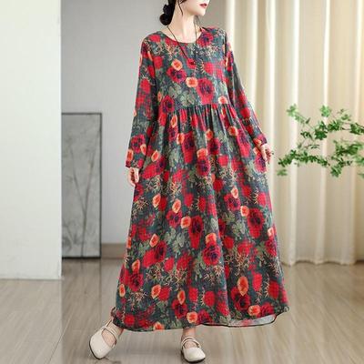 Sukienka bawełniana plus size z długim rękawem w stylu vintage w kwiaty, nowość, dla kobiet, codzienna, luźna, wiosenna, letnia, jesienna
