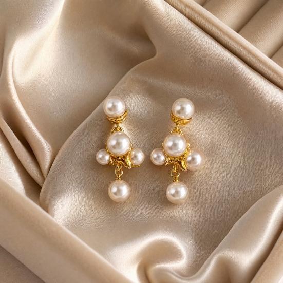 1 Pair Faux Pearls Dangle Earrings for Women, Gold Plated Grape Cluster Drop Earrings, Prom Wedding Bridal Jewelry