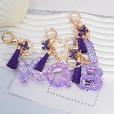 AZ Schlüsselanhänger mit violetten Sternbuchstaben, süßer Quasten-Schmetterlings-Anhänger, Initialen, Schlüsselanhänger für Frauen, Handtaschen-Charm, Autoschlüssel-Zubehör