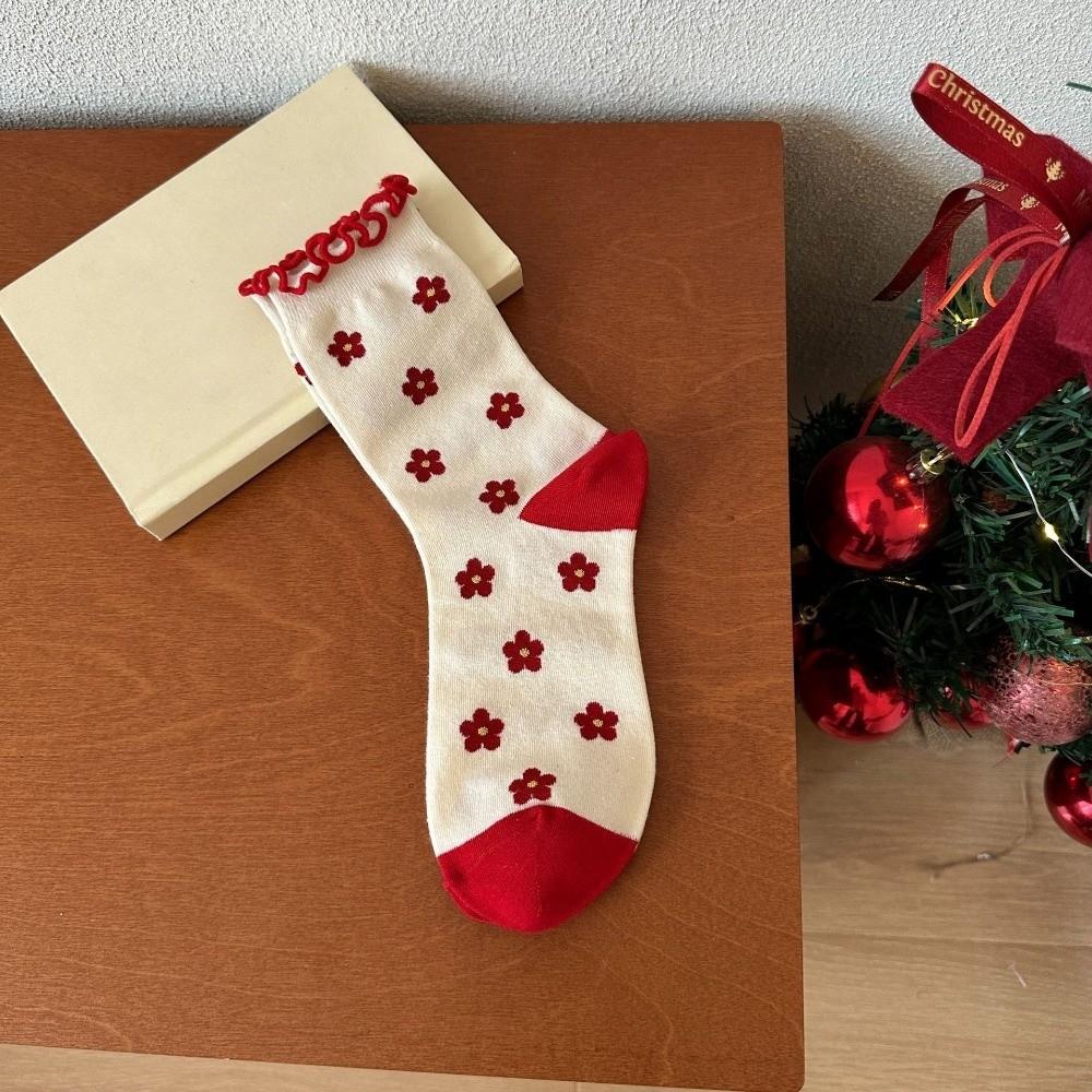 Soft Red Socks Combed Cotton Flower Socks Bow Heart Polka Dot Socks Lunar New Year