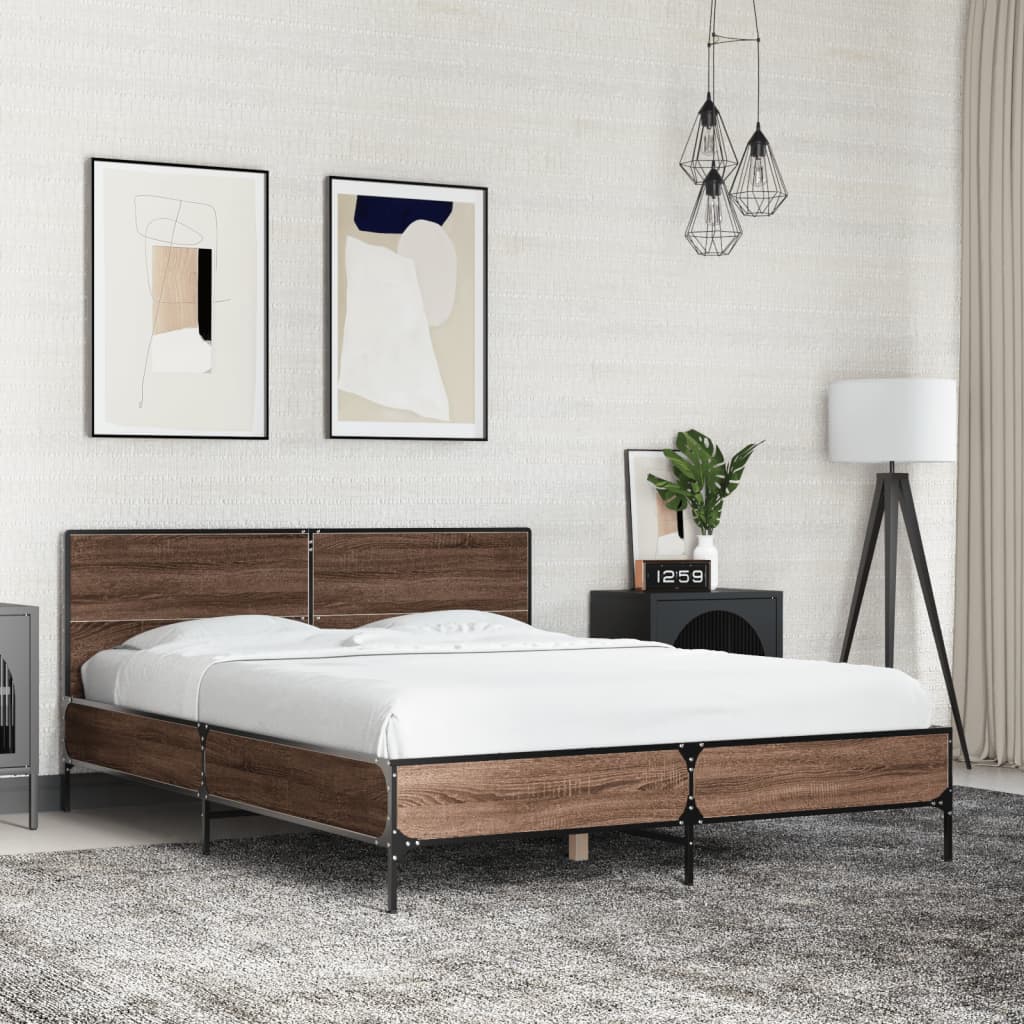 Brown Oak Effect Bed Frame 120 X 190 Cm Wood Based Material & Metal