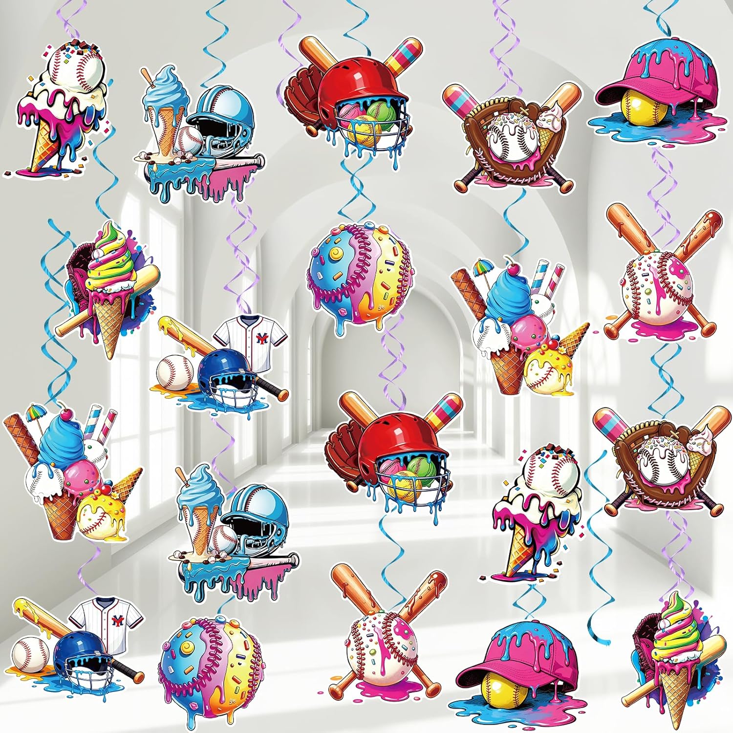 60Pcs Ice Cream Drip Baseball Hanging Swirls Sport Themed Birthday Party Decorations Baseball Ice Cream Theme Ceiling Streamers Hanging Decorations