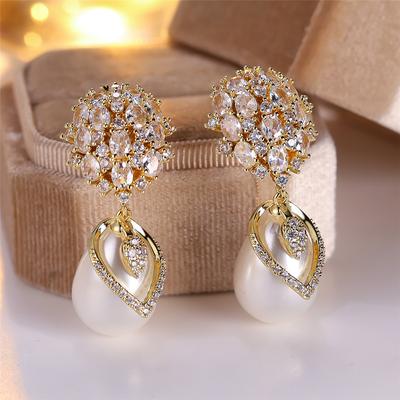 Luxury Female Small White Zircon Pearl Stone Stud Earrings Vintage Gold Color Wedding Party Gift  For Women