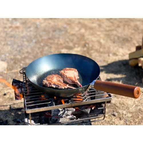 28cm Iron Frying Pan with Wooden Handle, Made in Japan, Induction Compatible, Lightweight, No Seasoning Required, Perfect for Outdoor Activities and C