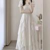 French square neck, sweet and gentle fairy-style dress for women, new summer women's clothing, waist-cinching slimming mid-length dress