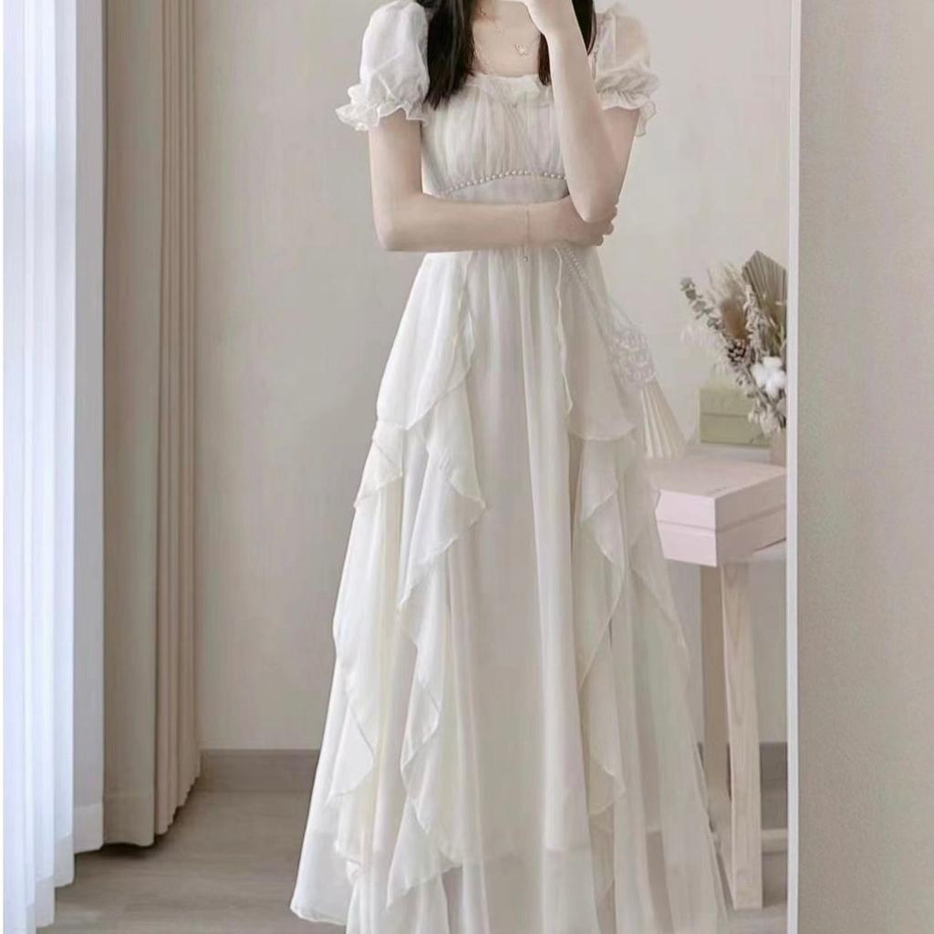 French square neck, sweet and gentle fairy-style dress for women, new summer women's clothing, waist-cinching slimming mid-length dress