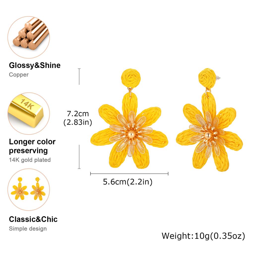 Fashion Boho Candy Color Raffia Flower Dangle Earrings for Women Elegant Handmade Sweet Earrings Summer Party Vacation Jewelry