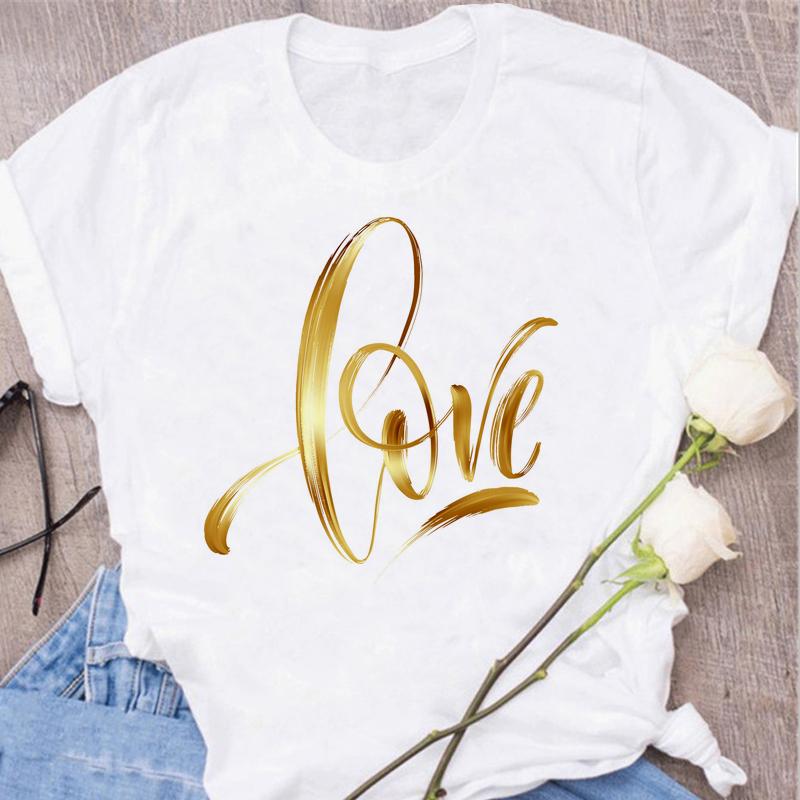 New Women T Shirt Gold Letter Love Print T Shirt Female Short Sleeve Tops Tee 90s Girls Black T-shirt Women Casual Tee Shirts