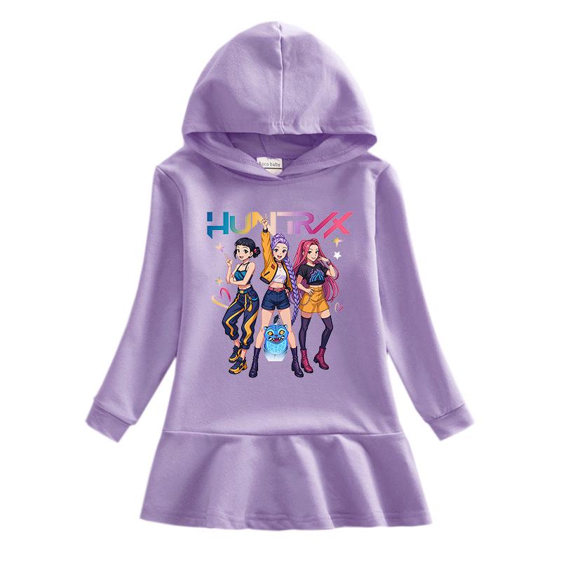 Kpop Monster Hunter Girl Group Ruffle Cartoon Rainbow Long Sleeve Hooded Princess Dress for Kids