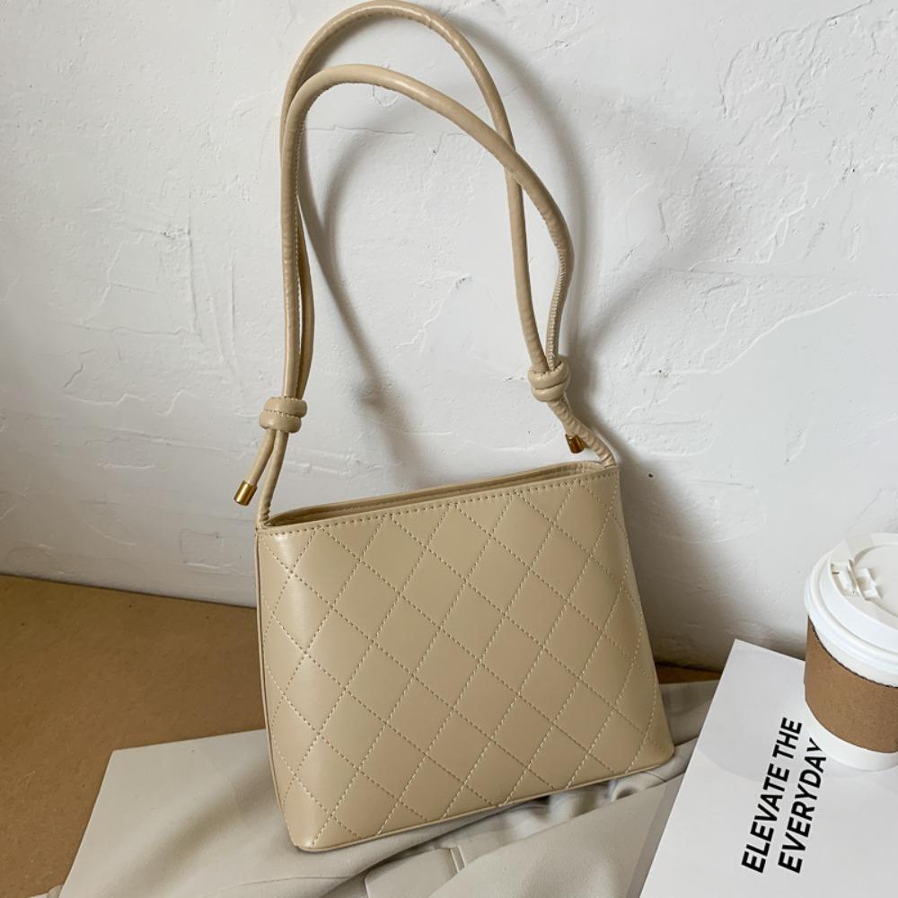 

PU Leather Rhombus Plaid Tote Bag Large Capacity Solid Color Shoulder Bag Women хаки