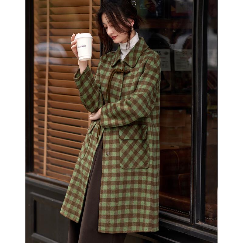 Si Shui Nian Hua Women's Elegant Plaid Wool Blend Mid-length Coat