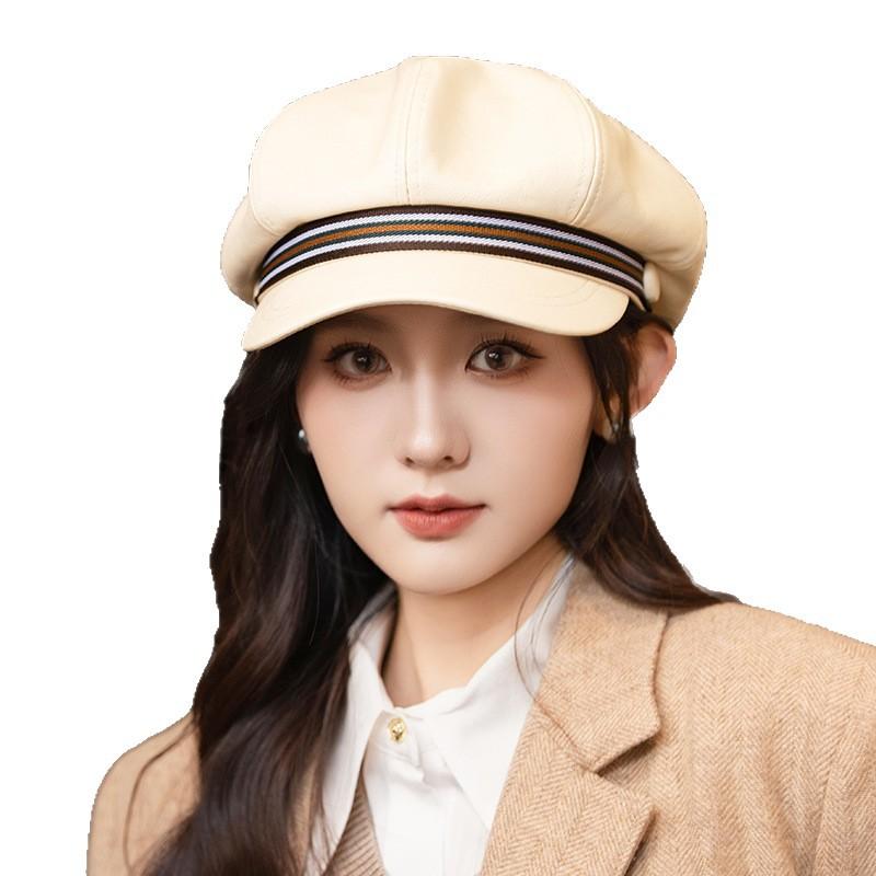 Korean Version of Retro Leather Beret Women's Autumn and Winter Outdoor Leisure Windproof and Warm Octagonal Hat British Style Painter Hat