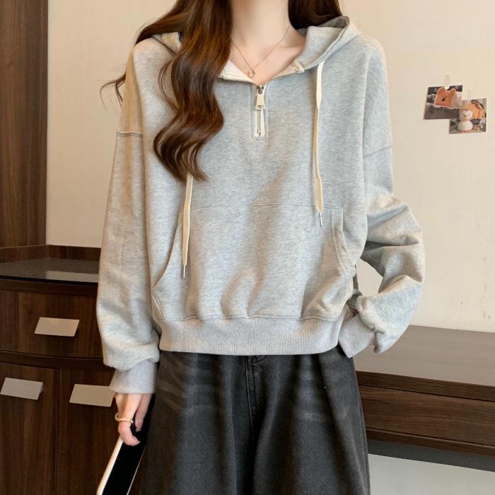 Women's Half-Zip Hooded Sweatshirt - Lightweight, Trendy Loose-Fit Long Sleeve for Spring & Autumn 2023