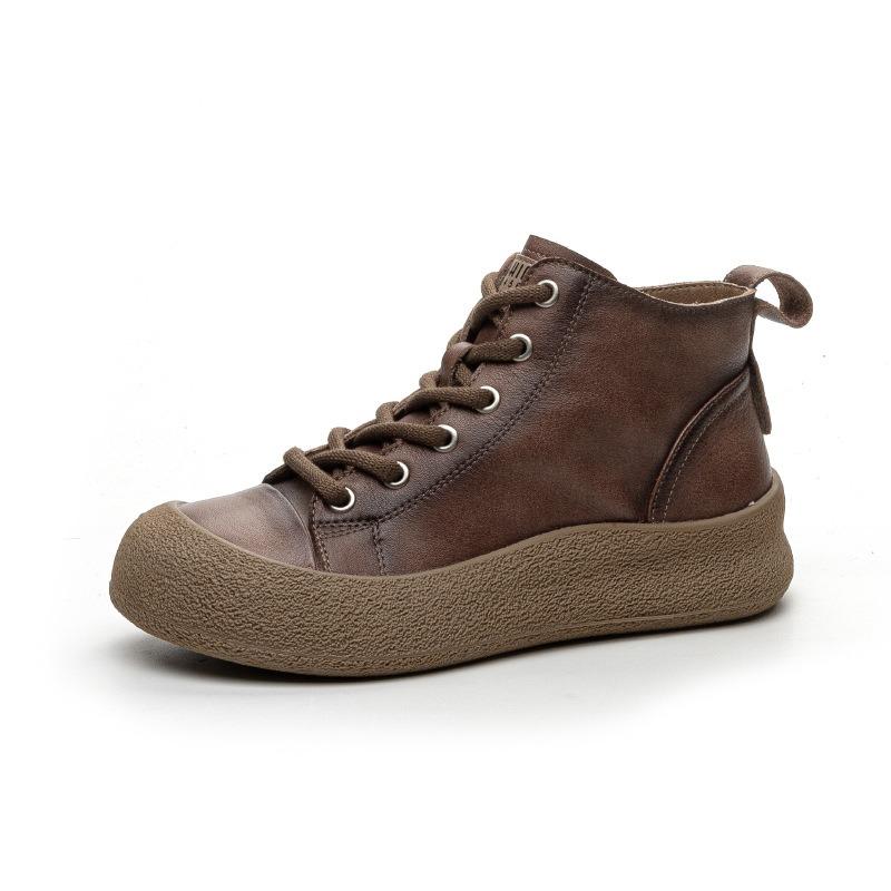 Retro First-layer Cowhide High-top Board Shoes Autumn New Leather Wear-resistant Casual Versatile Platform Women's Shoes