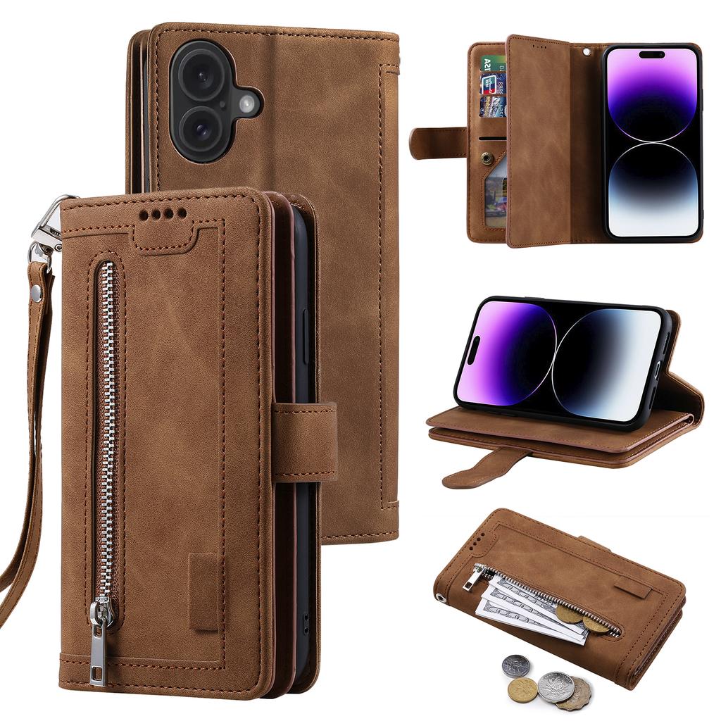 For iPhone 16 Plus Case Zipper Pocket 9 Card Slots PU Leather Phone Cover