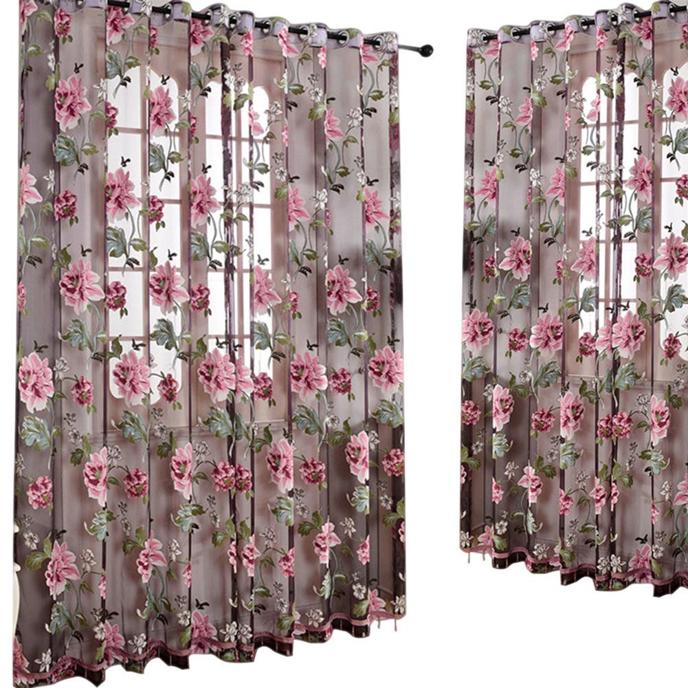 2Pcs Window Curtain Transparent Peony Flower Windows Panel Balcony Living Room Bathroom Bedroom Curtains Home Decoration