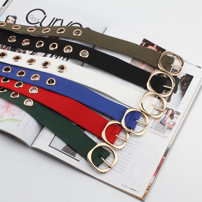 Color Solid Simple Porous Design Women Casual Canvas Belt With Square Buckle