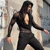 Mens Swing Neck Long Sleeve Hollow Out Mesh Sheer Hooded T-shirts Tops