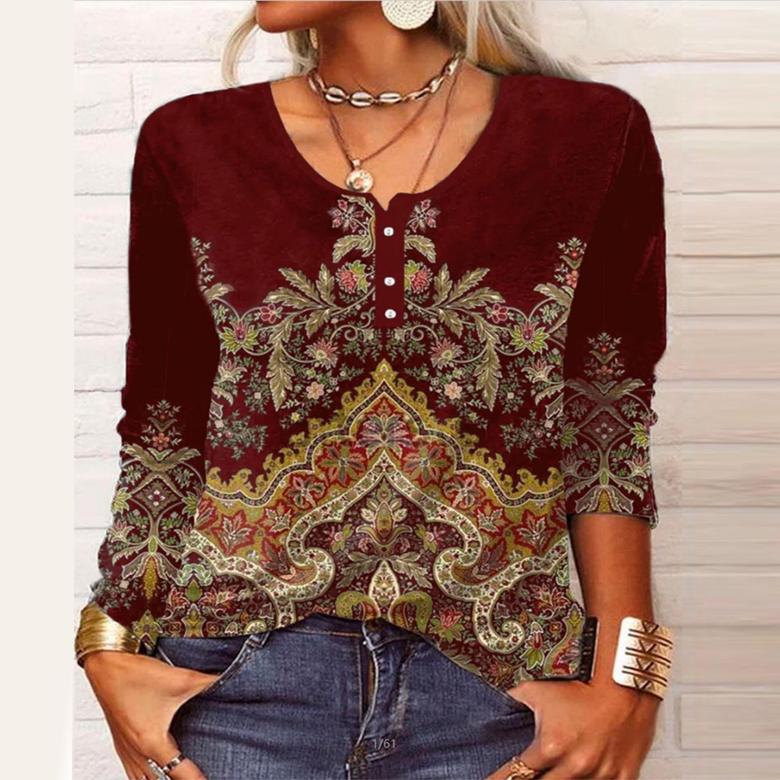 

Женская новая модная футболка с длинным рукавом и принтом на пуговицах, тонкий топ, повседневные топы XXXL винный