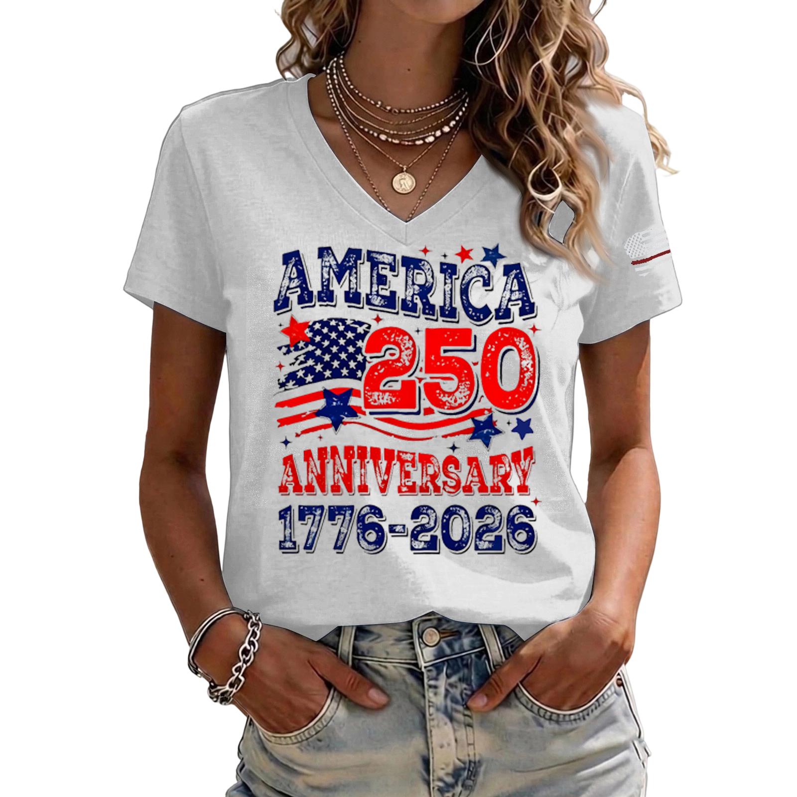 

Women s Casual V Neck Short Sleeve Pullover T Shirt 250 Anniversary Graphic Print Top 1776 2026 Independence Day Theme XL білий