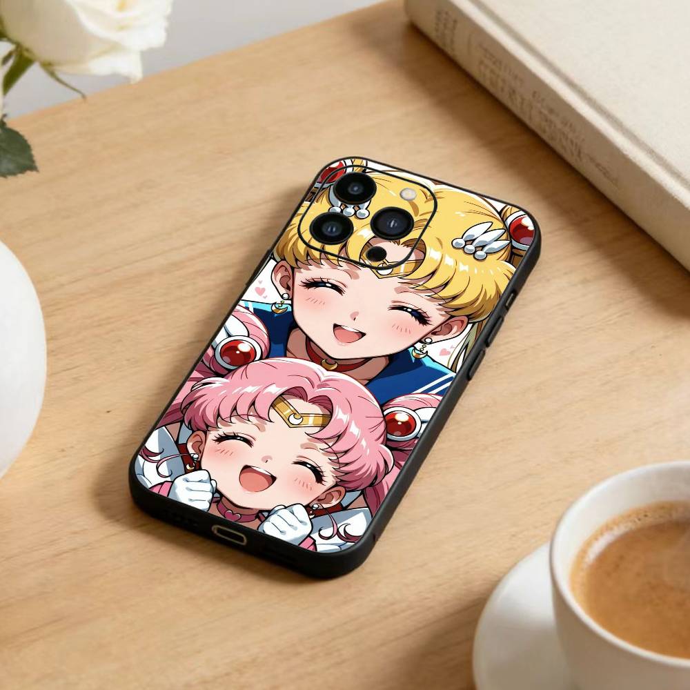 Cartoon S-Sailor M-Moons Phone Case For iPhone17,16,15,14,13,12 Plus,Max Soft Silicone Black Cover