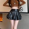 Women's High-Waist Silver Pleated A-Line Skirt with Built-In Shorts - Petite Fit, Leather, Autumn Style