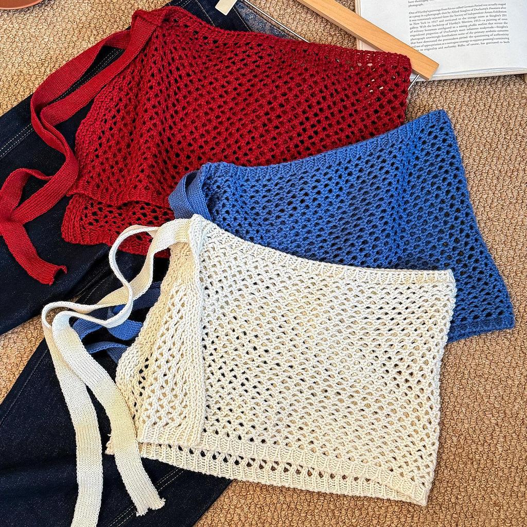 Korean Style Red Knit Hollow Skirt with Decorative Straps - Women's Spring/Summer Layered Outerwear