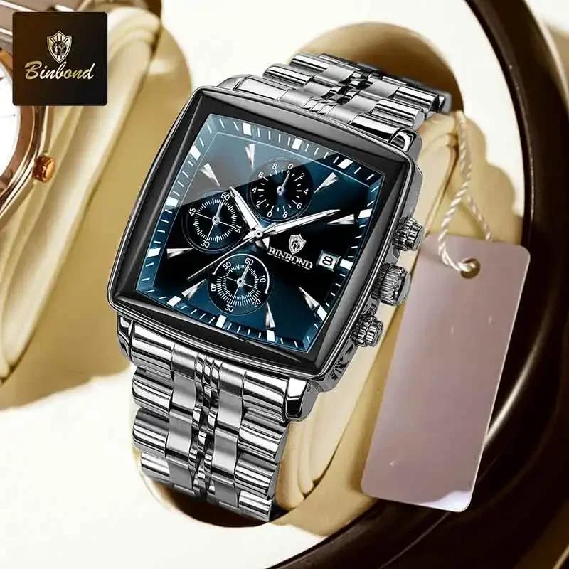BINBOND Luxury Square Man Business Wristwatch Waterproof Luminous Chronograph Quartz Men Watches Stainless Steel Men Watch Reloj