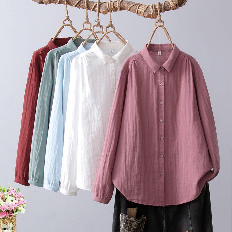 Women's Soft Cotton Double Layer Gauze Long Sleeve Shirt, Versatile with Pointed Collar