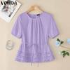 VONDA Women Summer Short Sleeve Lace-up Waist Ruffled Hem Casual Blous