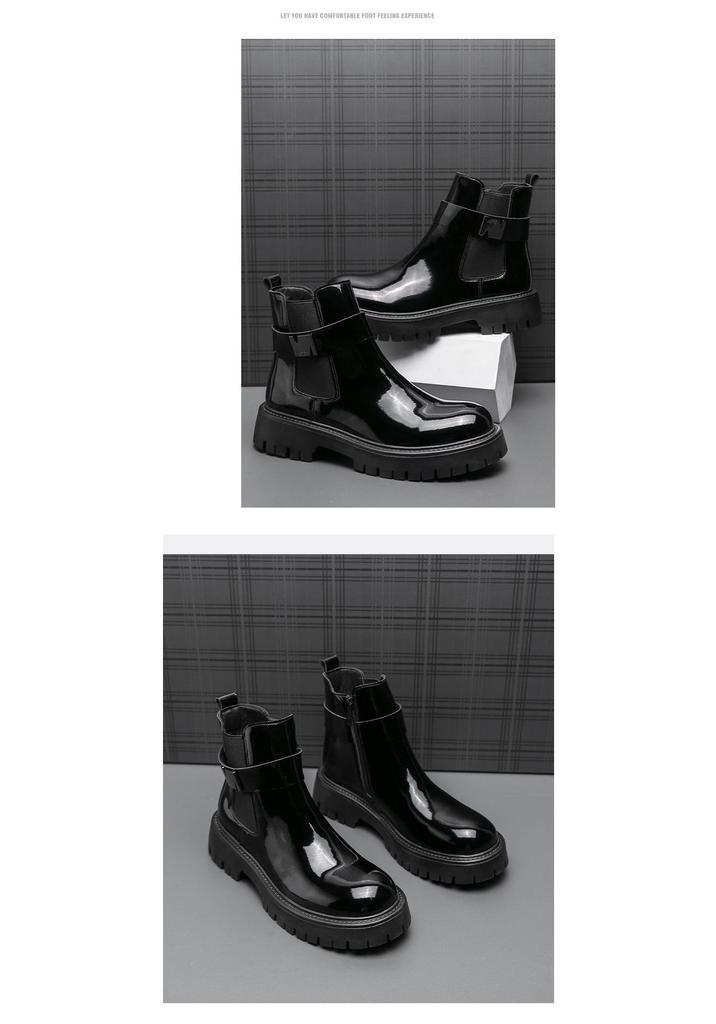 Men's Shiny Round Toe Chelsea Boots – Autumn/Winter Outdoor Fashion British Style with Zipper.
