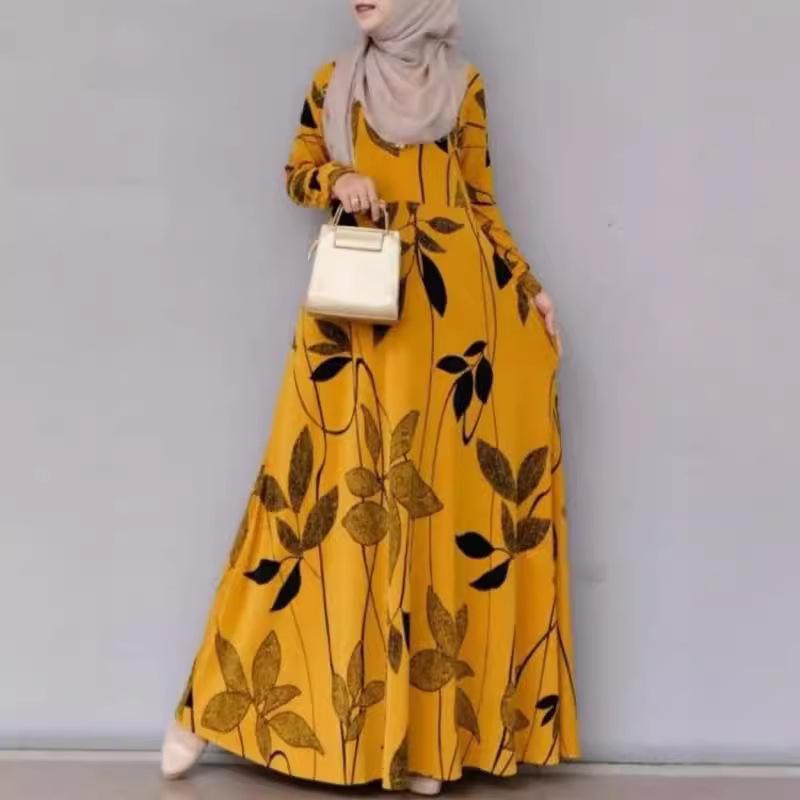 Cross-border 2025 Bohemian Floral Print Muslim Women's Sundress with Long Sleeves and Big Swing