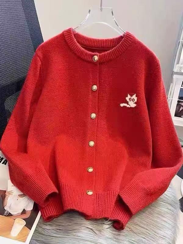 Women's Black Cat Embroidered Grey Merino Wool Cardigan Sweater