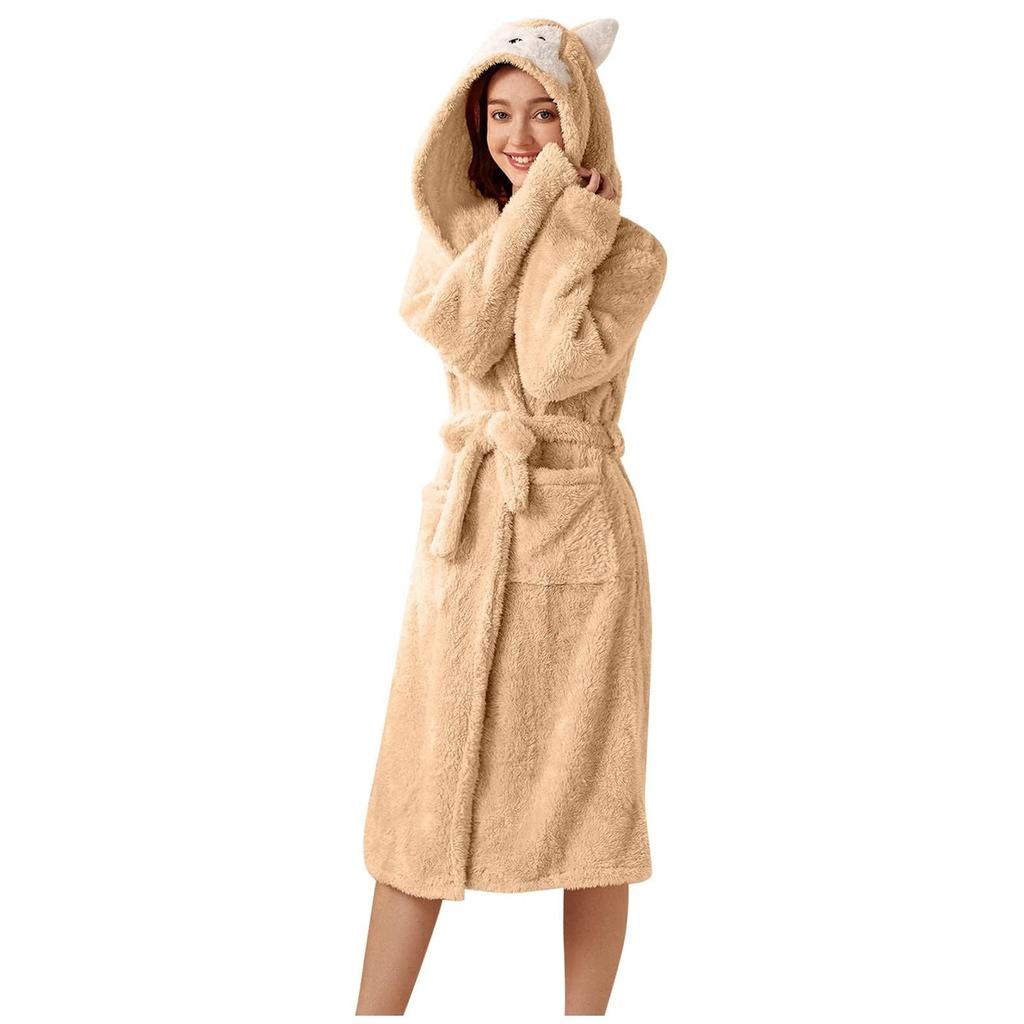 Women's Fleece-Lined Pocket Ear Cap Solid Color Bathrobe