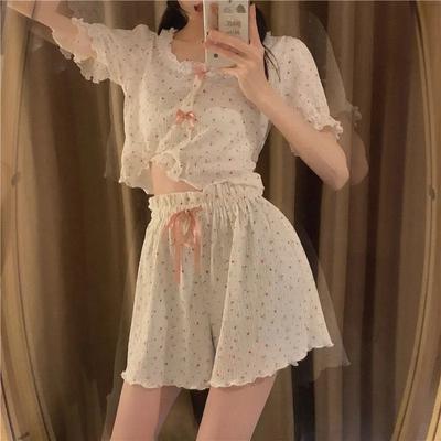 Summer Gilrs Two Pieces Short Sleeve Pajamas Thin Sweet Flower Elastic Waist Homewear Set Loose Soft Adjustable O-Neck with Bow