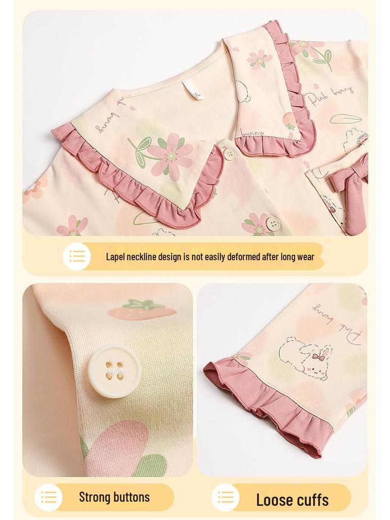 Women's Pure Cotton Pajama Set - Cute Princess Style, Long Sleeve Cardigan, Plus Size, Spring/Fall/Winter Home Wear