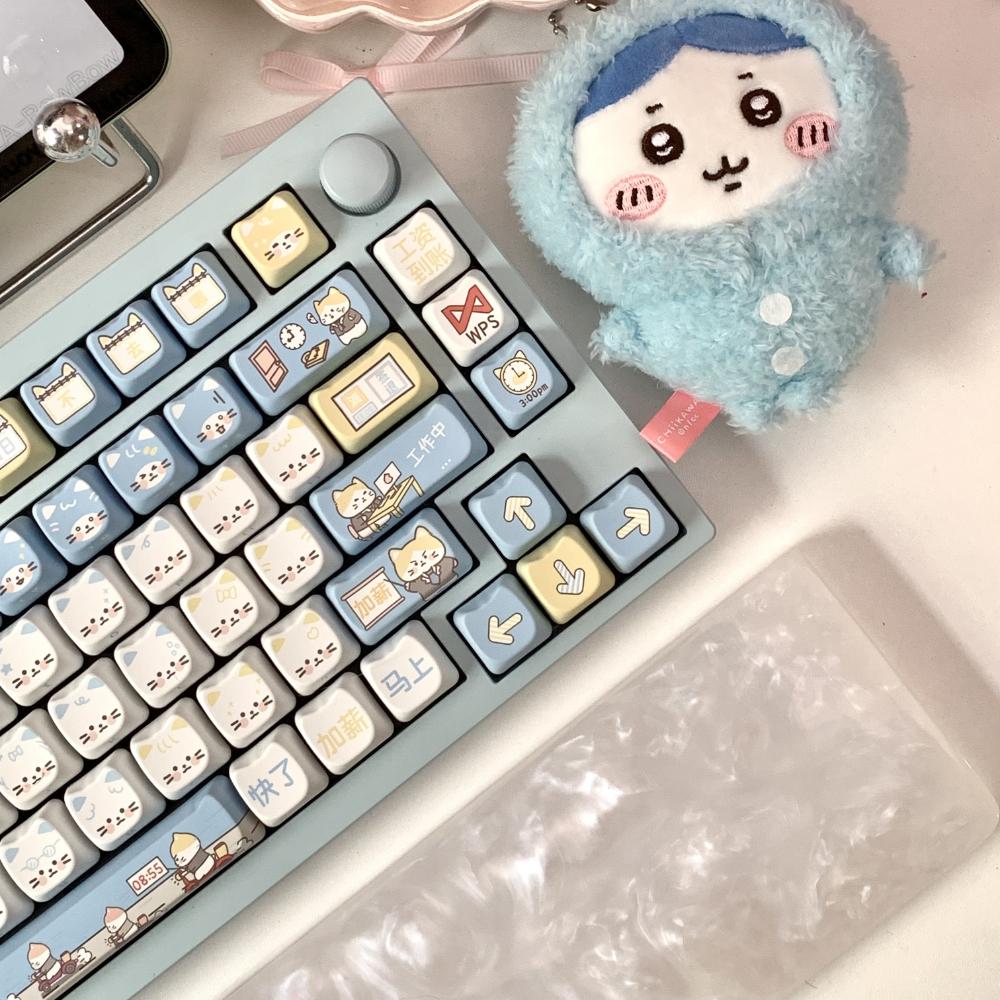 142keys Mao Keycap Blue Meow Work Kitten For Mechanical Keyboard PBT Sublimation Mao Cute Meow Cat Keycap Set