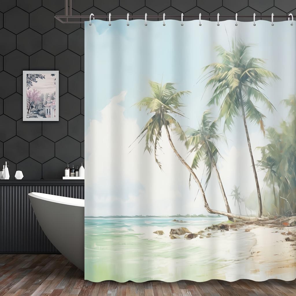 "Cartoon Summer Island Shower Curtain - Palm Tree & Beach Design, Polyester, 12 Hooks Included,Hotel-Style Bathroom Decor