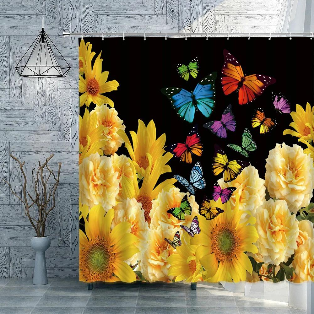 Rose Sunflower Shower Curtain Flower Green Plants Butterfly Bathroom Bath Curtains Waterproof Polyester Cloth Home Decoration