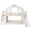 Children's Bunk Bed 90 X 200 Cm, House-Shaped with Curved Windows, with Storage Ladder and Slide, Drawers, Double Bed, Wood Color