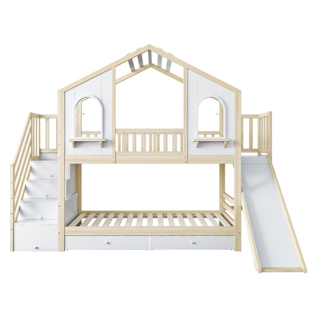 Children's Bunk Bed 90 X 200 Cm, House-Shaped with Curved Windows, with Storage Ladder and Slide, Drawers, Double Bed, Wood Color