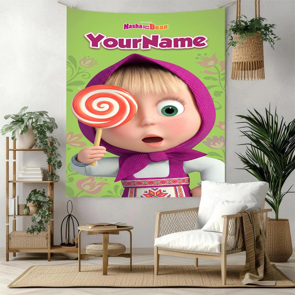 Masha Bear Custom Your Name Wall Decor Tapestry Art For Pet Memorial Birthdaywedding Party Backdrop Family Gift