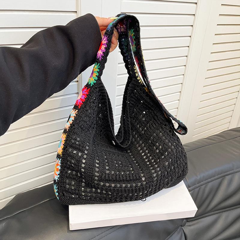 Large Capacity Fashi Boho Tote Bag Trendy Floral Crochet Handmade Knitted Bag Vintage Multicolor Hollow Out Handbag