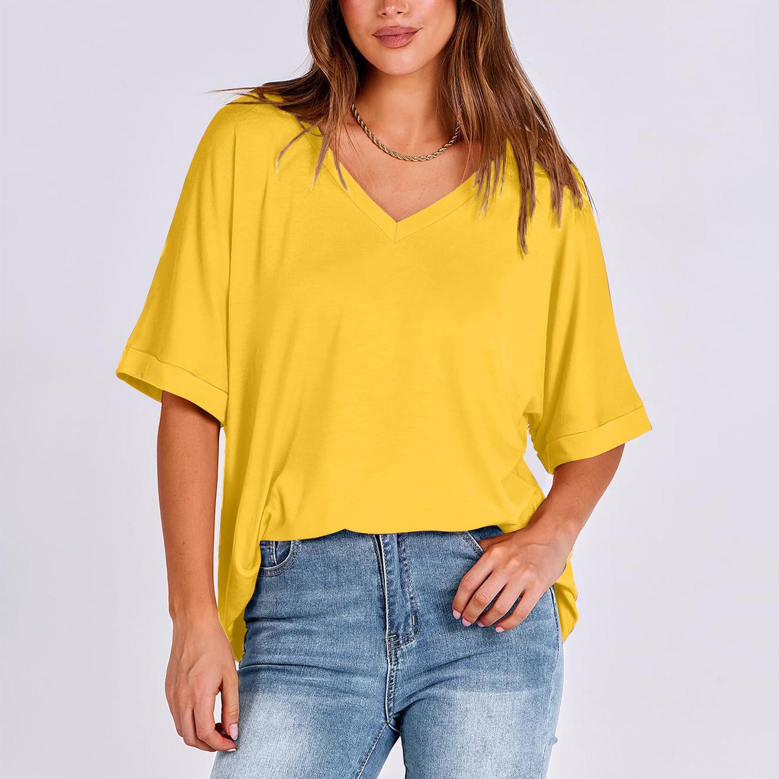 

Жіноча вільна футболка великого розміру з V-подібним вирізом і короткими рукавами до плечей XL жовтий