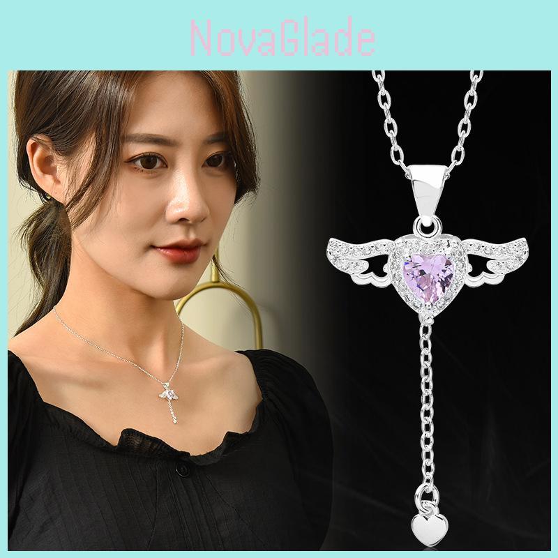 Stylish Romantic Heart Necklace With Angel Wings And Diamond Inlay For Women