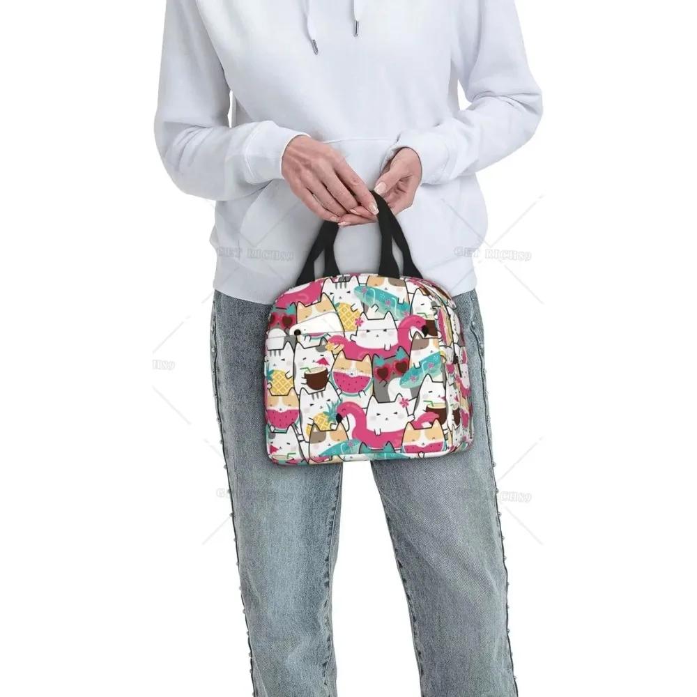 Pink Summer Fruits Watermelon Pineapple Cat Insulated Lunch Bag for Girls Reusable Lunch Tote Portable Lunch Box Cooler Bag