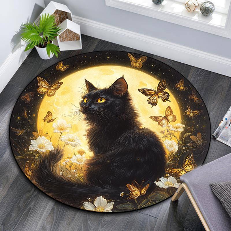 Black Cat Round Area Rug,Carpet Rug for Living Room Bedroom Sofa Playroom Decor,Non-slip Floor Mat
