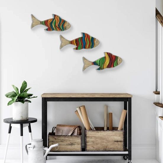 3 Pcs Wooden Tropical Fish Wall Art Coastal Theme Vintage Wall Sculpture Lake House Hanging Ocean Decor for Bedroom