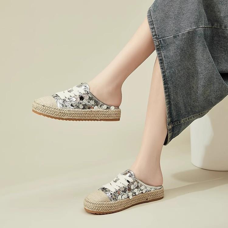 Fashion sequined bag head half slippers women's 2025 summer new thick-soled straw rope fisherman shoes without heel sandals
